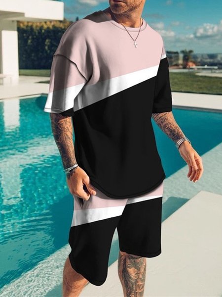 Casual Color Block Crew Neck Two-Piece Set, Suit Set, color:Pink|size:4XL, JustFashionNow