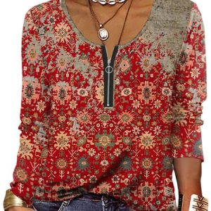 Casual Ethnic Notched Long Sleeve T-shirt, T-shirts, color:Red|size:3XL, Noracora