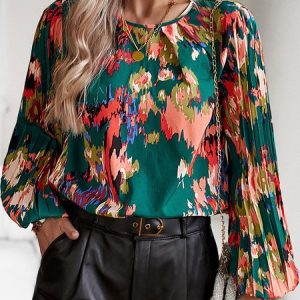 Crew Neck Long Sleeve Color Block Regular Loose Shirt For Women, Blouses, color:Dark Green|size:XL, Noracora