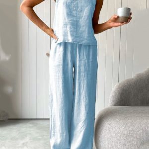 Casual Cotton And Linen Two-Piece Set, Suit Set, color:Light Blue|size:XXL, JustFashionNow