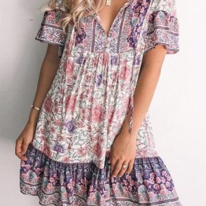 Tribal Cotton Vintage Dress, Short, color:Purple|size:XXL, Noracora