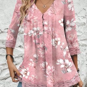 Floral Elegant Lace Loose Shirt, Shirts & Blouses, color:Pink|size:XXL, JustFashionNow