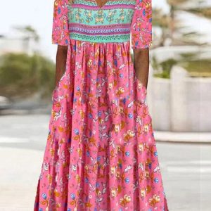 Floral Vacation Crew Neck Loose Dress, Midi, color:Pink|size:XXL, catalog Noracora shop