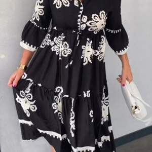 V Neck Regular Fit Casual Floral Dress, Dresses, color:Black|size:XXL, JustFashionNow