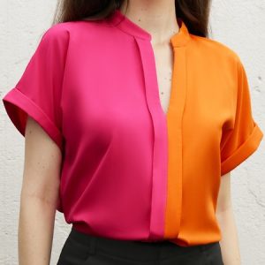 Urban Loose Color Block Stand Collar  Blouse, Blouses and Shirts, color:As Picture|size:XS, Stylewe