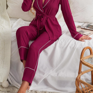 Loose Shawl Collar Plain Casual Lounge Set, Pajamas, color:Purple Red|size:XL, Noracora