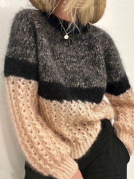 Color Block Crew Neck Casual Regular Fit Sweater, Sweaters, color:Deep Gray|size:XXL, JustFashionNow