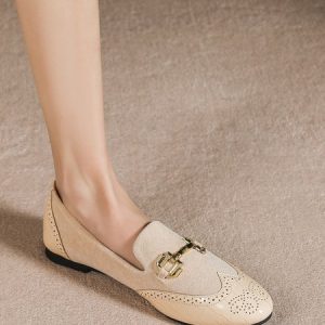 Metal Buckle Engraved Baroque Loafers, Flats, color:Apricot|size:43, JustFashionNow