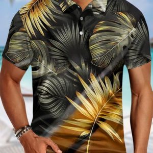 Men’s Outdoor Vacation Leaves Pattern Regular Fit Casual Polo Shirt, T-shirts, Lilicloth.com