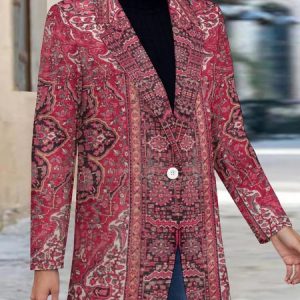 Lapel Collar Long Sleeve Ethnic Buckle Regular Loose Blazer For Women, Blazers, color:Red|size:XXL, Noracora