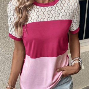 Contrast Stitching Casual Regular Fit T-Shirt, T-Shirts, color:Rose Red|size:XXL, JustFashionNow