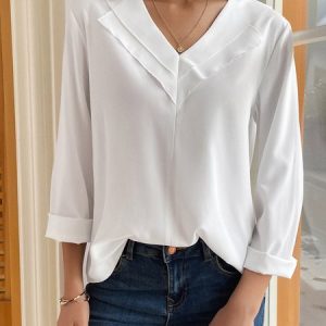 Solid Color V-neck Long-sleeved Blouse, Shirts & Blouses, color:Light Blue|size:XXL, JustFashionNow