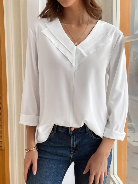 Solid Color V-neck Long-sleeved Blouse, Shirts & Blouses, color:Light Blue|size:XXL, JustFashionNow