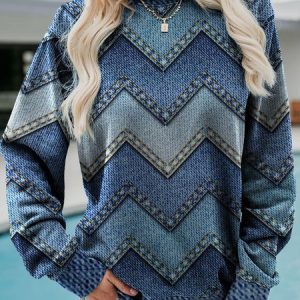 Autumn/winter women casual geometric loose print Streewear long sleeve Sweatshirt, Sweatshirts & Hoodies, color:Blue|size:XXL, JustFashionNow