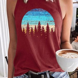 Women's Sunset Pine Tree Camping Retro Sun Print Tank Top, color:Red|size:3XL, Lilicloth.com