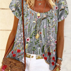Plus Size Casual Loose Floral Crew Neck Shirt, Shirts & Blouses, color:Gray|size:4X, JustFashionNow