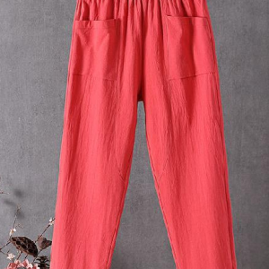 Women's Casual Summer Casual Capri Pants Linen Elastic Crop Relaxed Pants, color:Red|size:4XL, Lilicloth.com