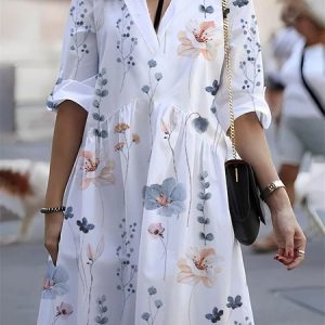 Casual V Neck Floral Dress With No Belt, Dresses, color:White|size:XXL, JustFashionNow