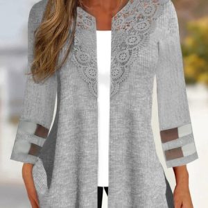 Casual Plain Mesh  Patchwork lace Kimono, Cardigans, color:Gray|size:XXL, JustFashionNow