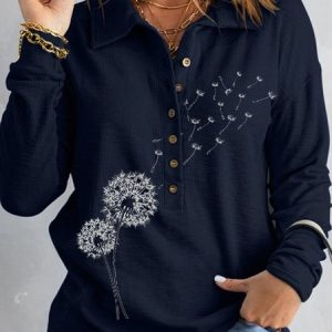 Dandelion Navy Button Front Long Sleeve Loose Sweatshirt, Sweatshirts & Hoodies, color:Dark Blue|size:XXL, JustFashionNow