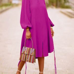 Long sleeve Loose Plain Stand Collar Lantern Sleeve Dress, Dresses, color:Fuchsia|size:XXL, Stylewe