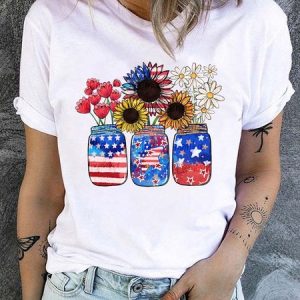 Women's Cotton Sunflower 4th july Patriotic Crew NeckCasual T-Shirt, color:White|size:3XL, Lilicloth.com