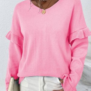 Women Wool/Knitting Plain Long Sleeve Comfy Casual Flouncing Sweater, Sweaters, color:Pink|size:XL, Noracora