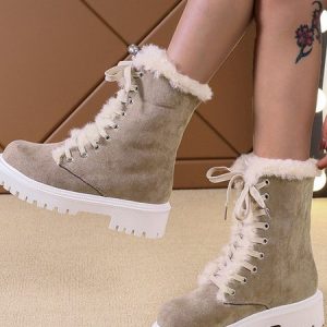 Casual Plain Lace-Up Low Heel Snow Boots, Boots, color:Khaki|size:43, Noracora
