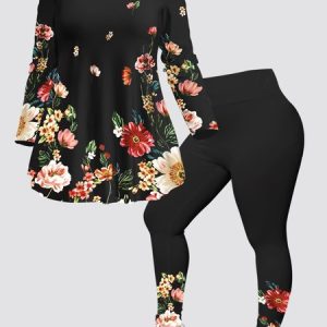 Casual Crew Neck Floral Regular Fit Two-Piece Set, Suit Set, color:Black|size:XXL, JustFashionNow