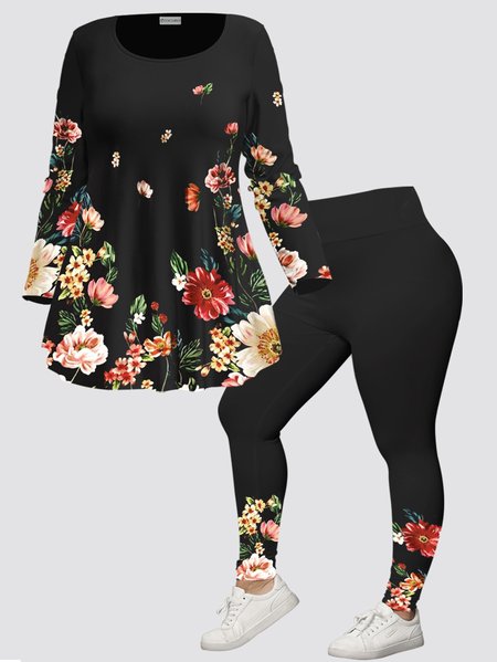 Casual Crew Neck Floral Regular Fit Two-Piece Set, Suit Set, color:Black|size:XXL, JustFashionNow