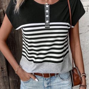 Buckle Casual Striped Loose Shirt, Shirts & Blouses, color:Black-white|size:XXL, JustFashionNow