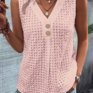 Women Casual Hollow Out Plain V Neck Button Loose Sleeveless Summer Tank Top, Tank Tops & Camis, Roselinlin - Online Catalog