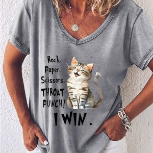 Women's Casual Rock Paper Scissors Throat Punch I Win Cat Lover Letters T-Shirt, color:Gray|size:3XL, Lilicloth.com