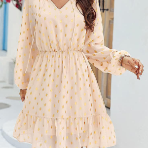 Women Polka Dots V Neck Long Sleeve Comfy Casual Short Dress, Short, color:Apricot|size:XXL, Noracora