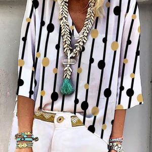 Casual Polka Dots Three Quarter Sleeve Loose Top, Blouses, color:White|size:XXL, Noracora