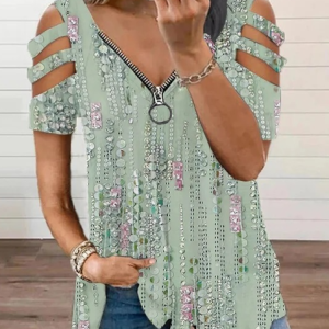 Casual Zipper Abstract Shirt, Shirts & Blouses, color:Green|size:XXL, JustFashionNow
