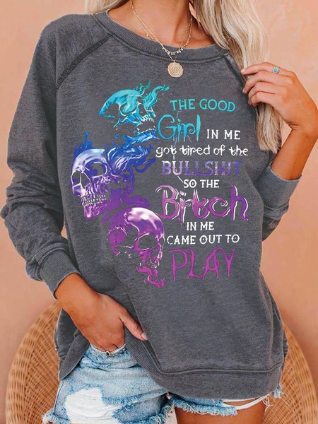 Women's Halloween Skull Printed Crew Neck Sweatshirt, color:Gray|size:3XL, Lilicloth.com