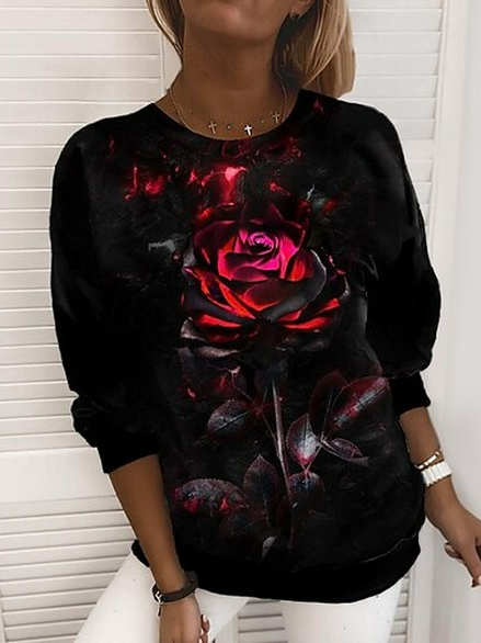 Loose Casual Floral Sweatshirt, Sweatshirts & Hoodies, color:Black|size:XXL, JustFashionNow