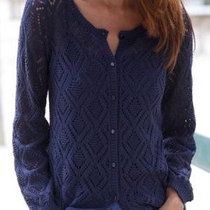 Women Yarn/Wool Yarn Plain Long Sleeve Comfy Casual Hollow Out Cardigan, Cardigans, color:Navyblue|size:XXL, Noracora