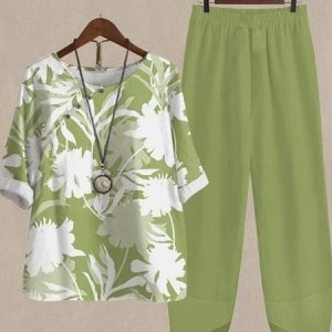 Plus size Loose Floral Crew Neck Casual Two-Piece Set, SET, color:Green|size:4X, catalog Noracora shop