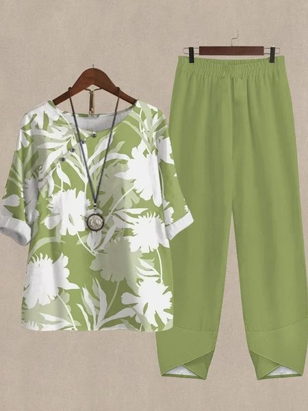 Plus size Loose Floral Crew Neck Casual Two-Piece Set, Suit Set, color:Green|size:4X, JustFashionNow