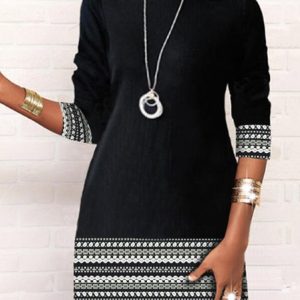 Crew Neck Geometric Casual Dress, Dresses, color:Black|size:XXL, Noracora