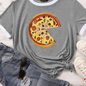 Lilicloth X Funnpaw Women's Pizza Print Matching T-Shirt, color:Gray|size:XXL, Lilicloth.com