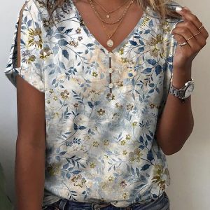 Cotton V Neck Loose Floral Casual T-Shirt, T-Shirts, color:Blue|size:XXL, JustFashionNow