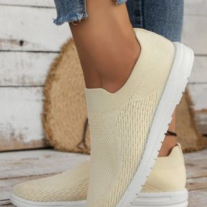 Solid Color Cushioning Shock Absorption High Elasticity Flying Woven Sneakers, Sneakers, color:Beige|size:43, JustFashionNow