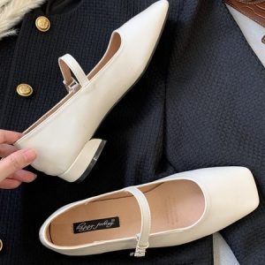 Niche Designs Square Toe Mary Jane Ballerinas, Flats, color:Off White|size:40, Stylewe