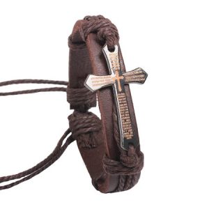 JFN  Men's Leather Cord Cross Bracelet, Men's Accessories, color:Brown, JustFashionNow