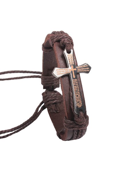 JFN Men's Leather Cord Cross Bracelet, Men's Accessories, color:Brown, JustFashionNow
