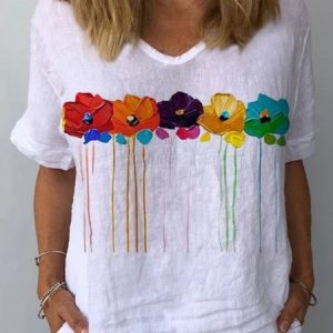 Women's short sleeve v-neck t-shirt, summer floral print tunic Top, tie dye casual loose cotton tunic tee stylish streetwear, Blouses, color:White|size:XS, Noracora