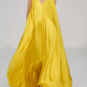 Loose Lightweight Vacation V Neck Sleeveless Plain Long Dress, Maxi Dresses, color:Yellow|size:XS, Stylewe